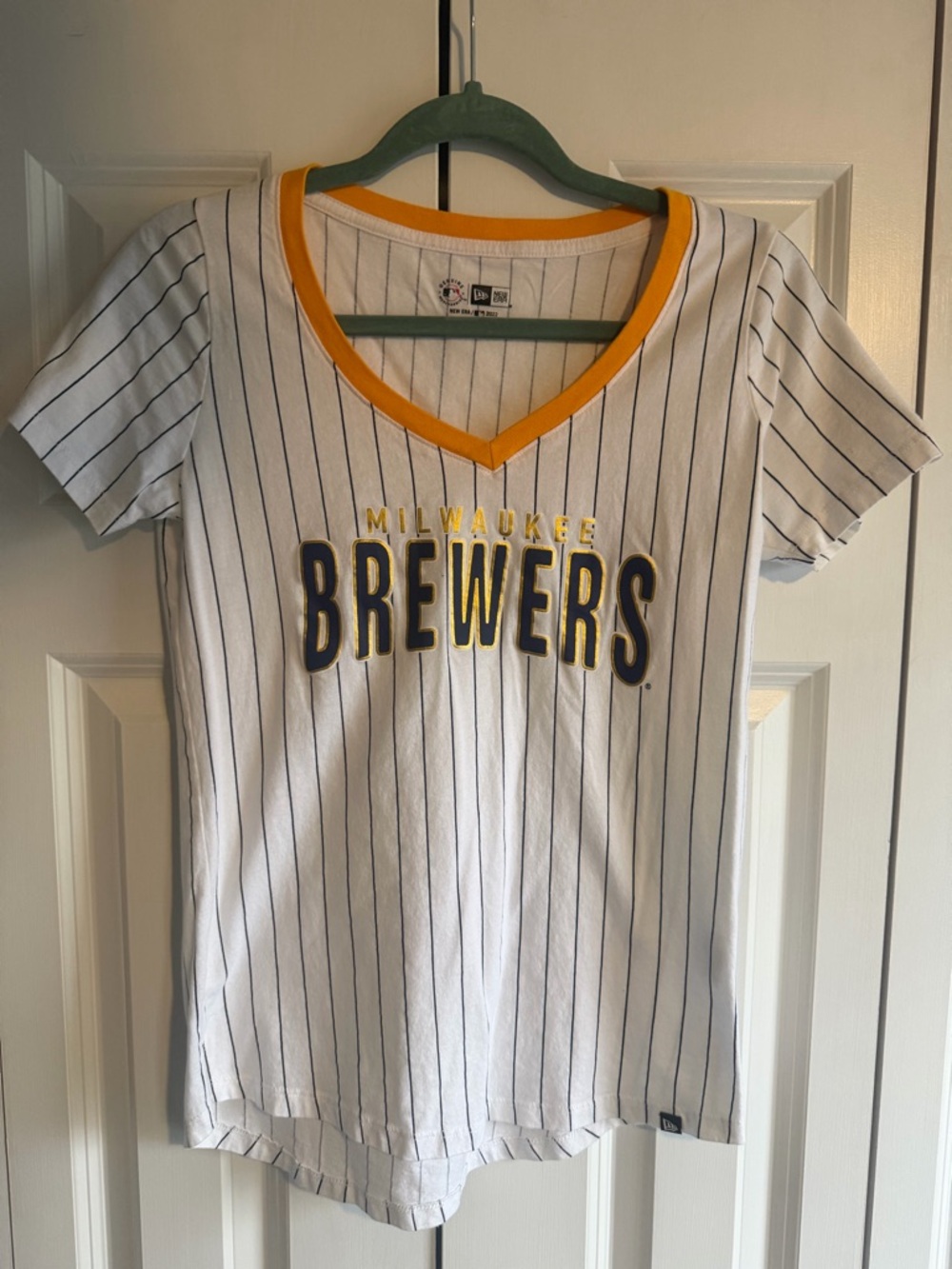 Brewers New Era White Pinstripe Tee with Yellow Trim